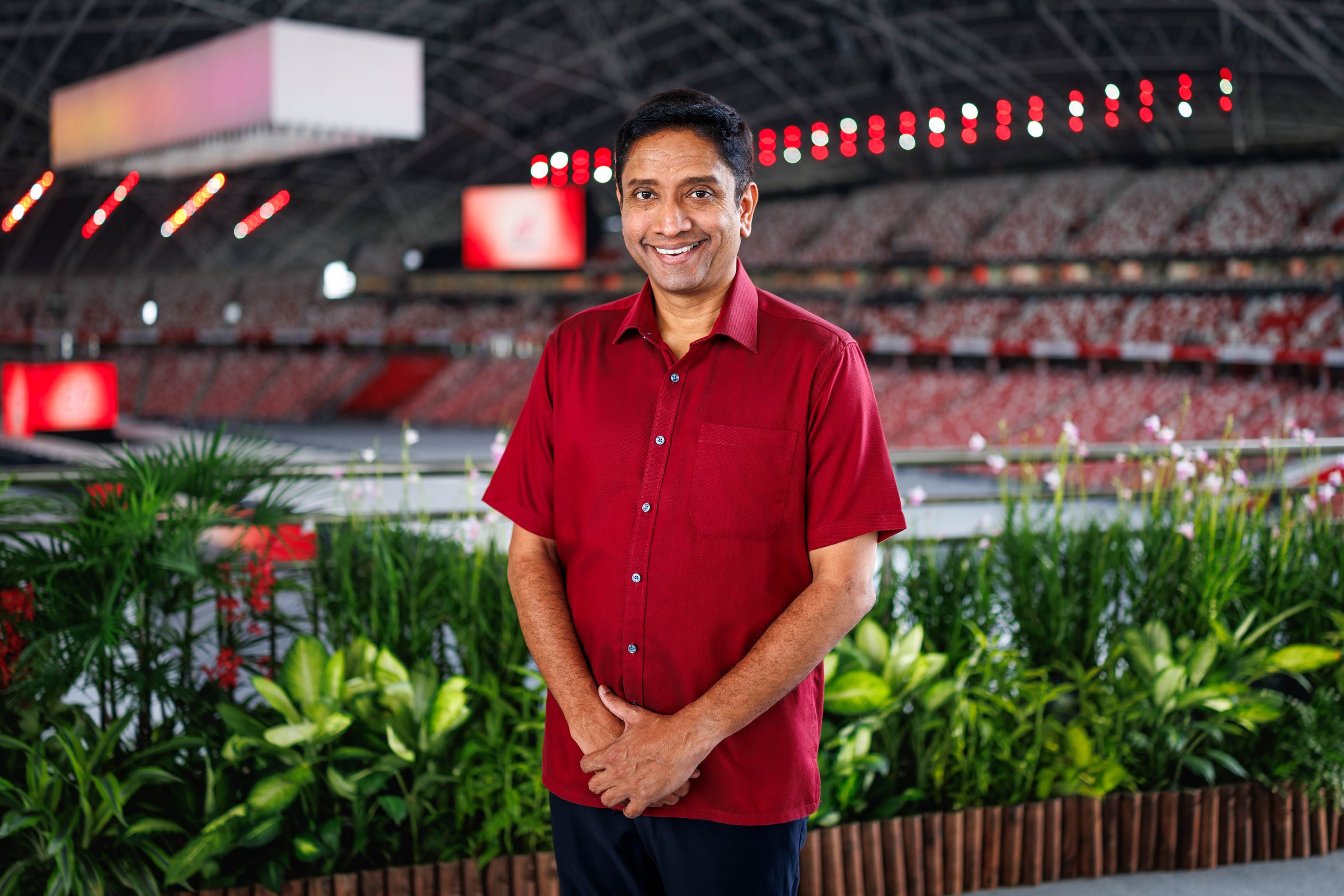Photo of Minister of State, Ministry of Culture, Community and Youth and Ministry of Manpower, Dinesh Vasu Dash at the National Stadium for the recording of the National Day Message 2026.